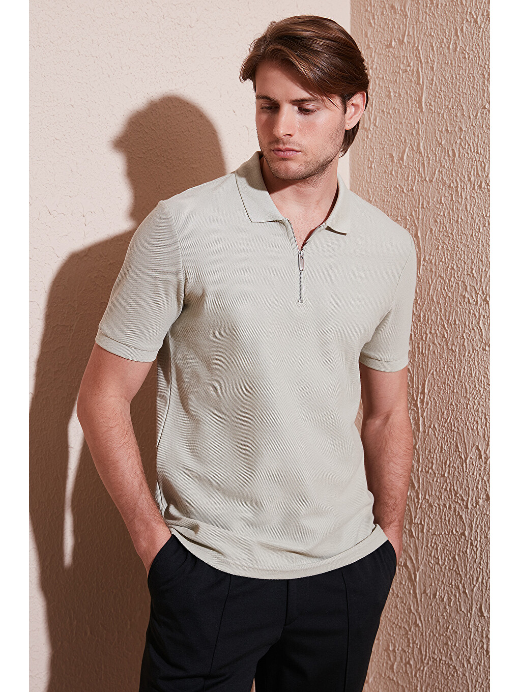 Bej Pamuklu Regular Fit Fermuarlı Erkek Polo Yaka %100 Pamuk Tişört 5902434-1