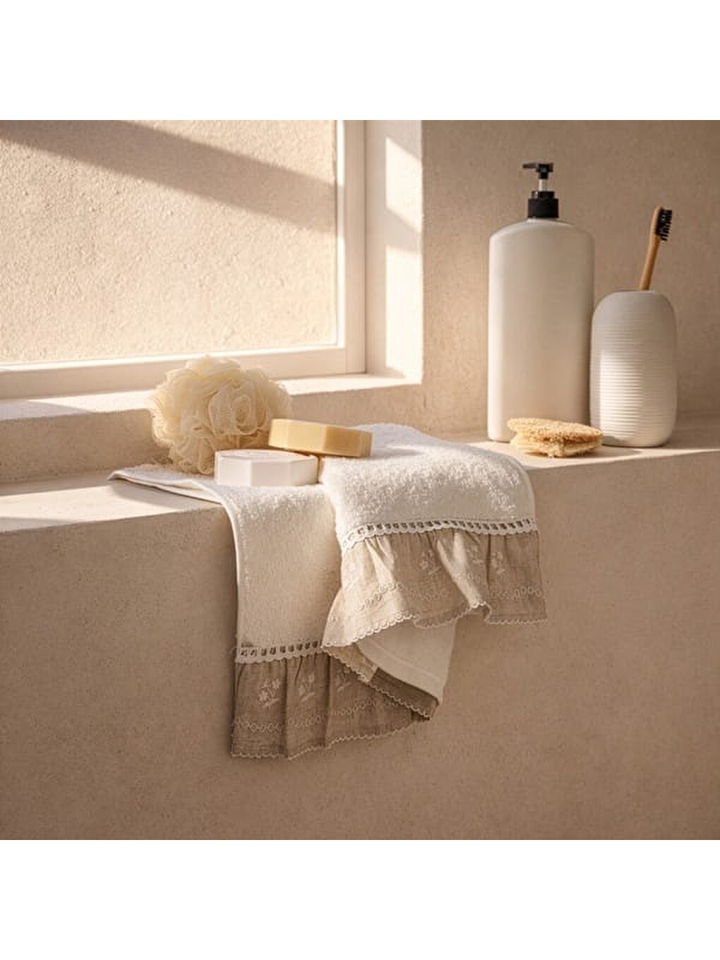 Soft French Cottage Twin Çiçek Desenli Yüz Havlusu - Ekru - 50x90 cm-1