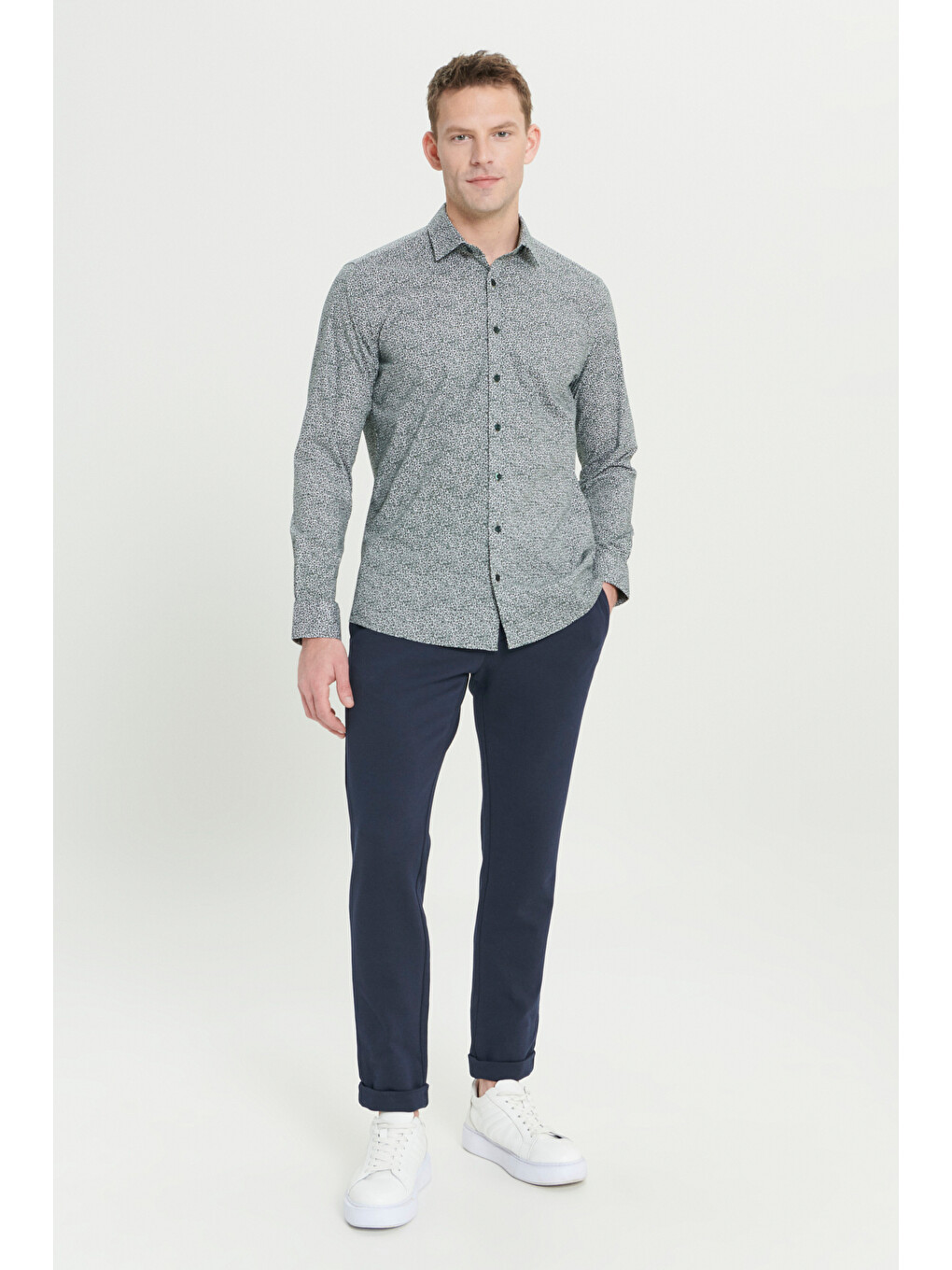 Erkek Yeşil-Beyaz Pamuklu Slim Fit Dar Kesim Klasik Yaka Baskılı Gömlek-1