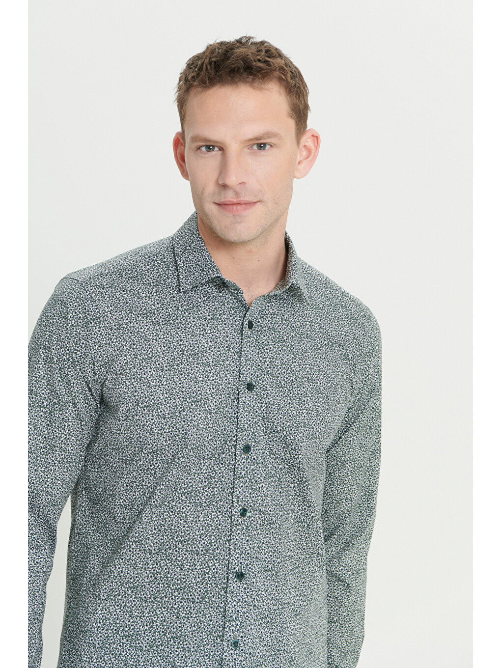 Erkek Yeşil-Beyaz Pamuklu Slim Fit Dar Kesim Klasik Yaka Baskılı Gömlek-2