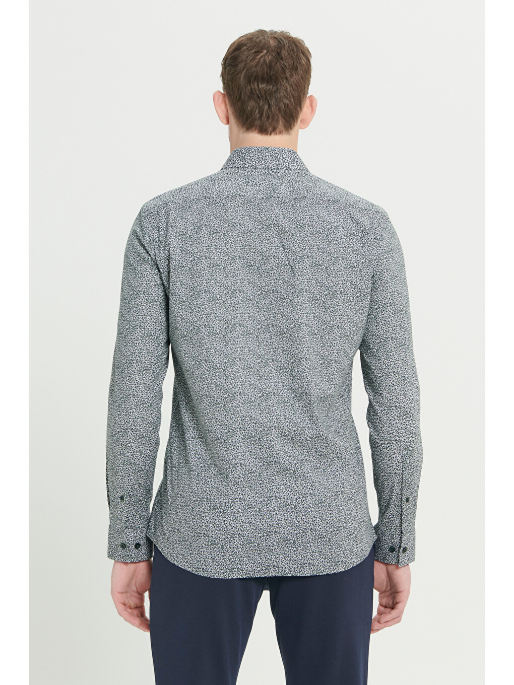 Erkek Yeşil-Beyaz Pamuklu Slim Fit Dar Kesim Klasik Yaka Baskılı Gömlek-4