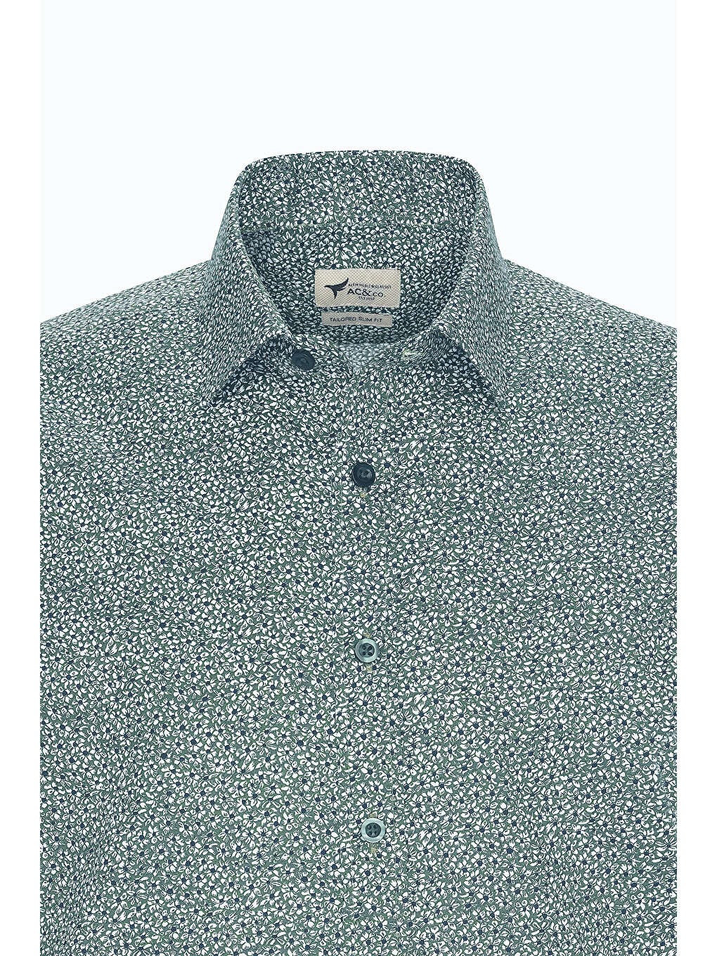 Erkek Yeşil-Beyaz Pamuklu Slim Fit Dar Kesim Klasik Yaka Baskılı Gömlek-6