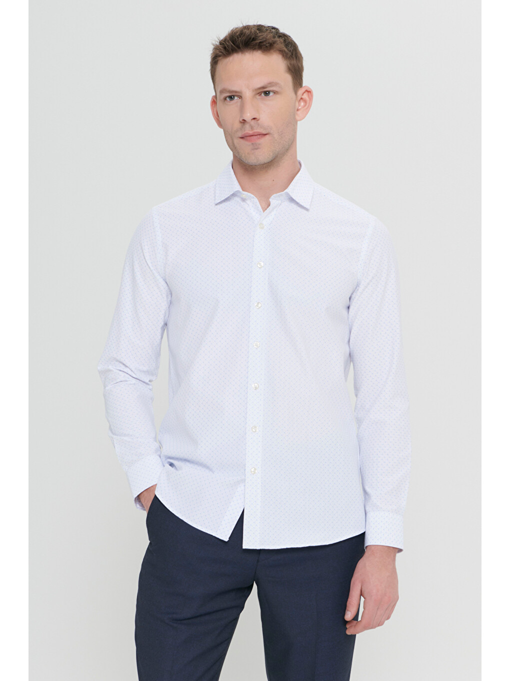 Erkek Beyaz-Mavi Slim Fit Dar Kesim Klasik Yaka Pamuklu Armürlü Gömlek-3