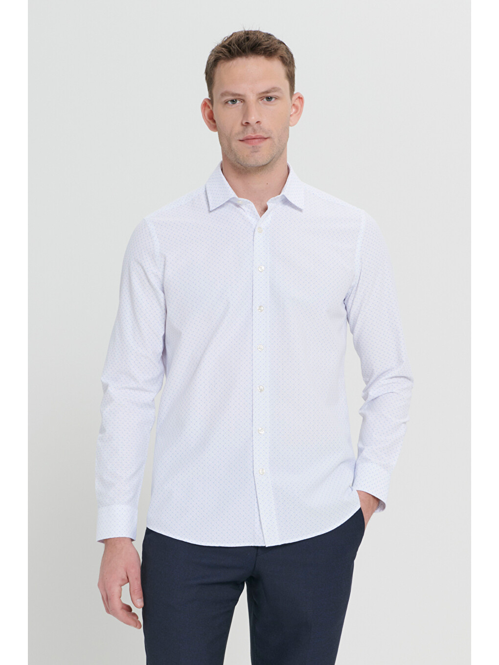 Erkek Beyaz-Mavi Slim Fit Dar Kesim Klasik Yaka Pamuklu Armürlü Gömlek-4