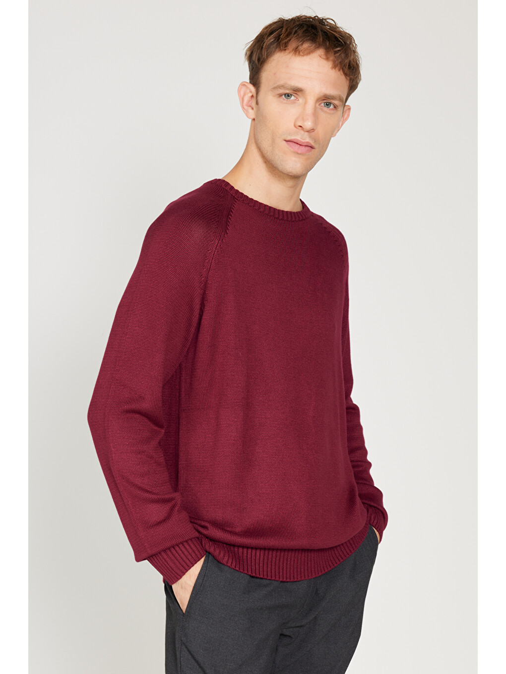 Erkek Bordo Standart Fit Normal Kesim Bisiklet Yaka Triko Kazak-2
