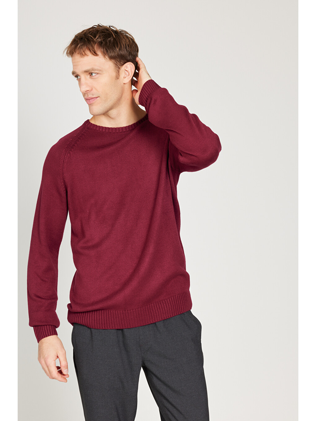 Erkek Bordo Standart Fit Normal Kesim Bisiklet Yaka Triko Kazak-3