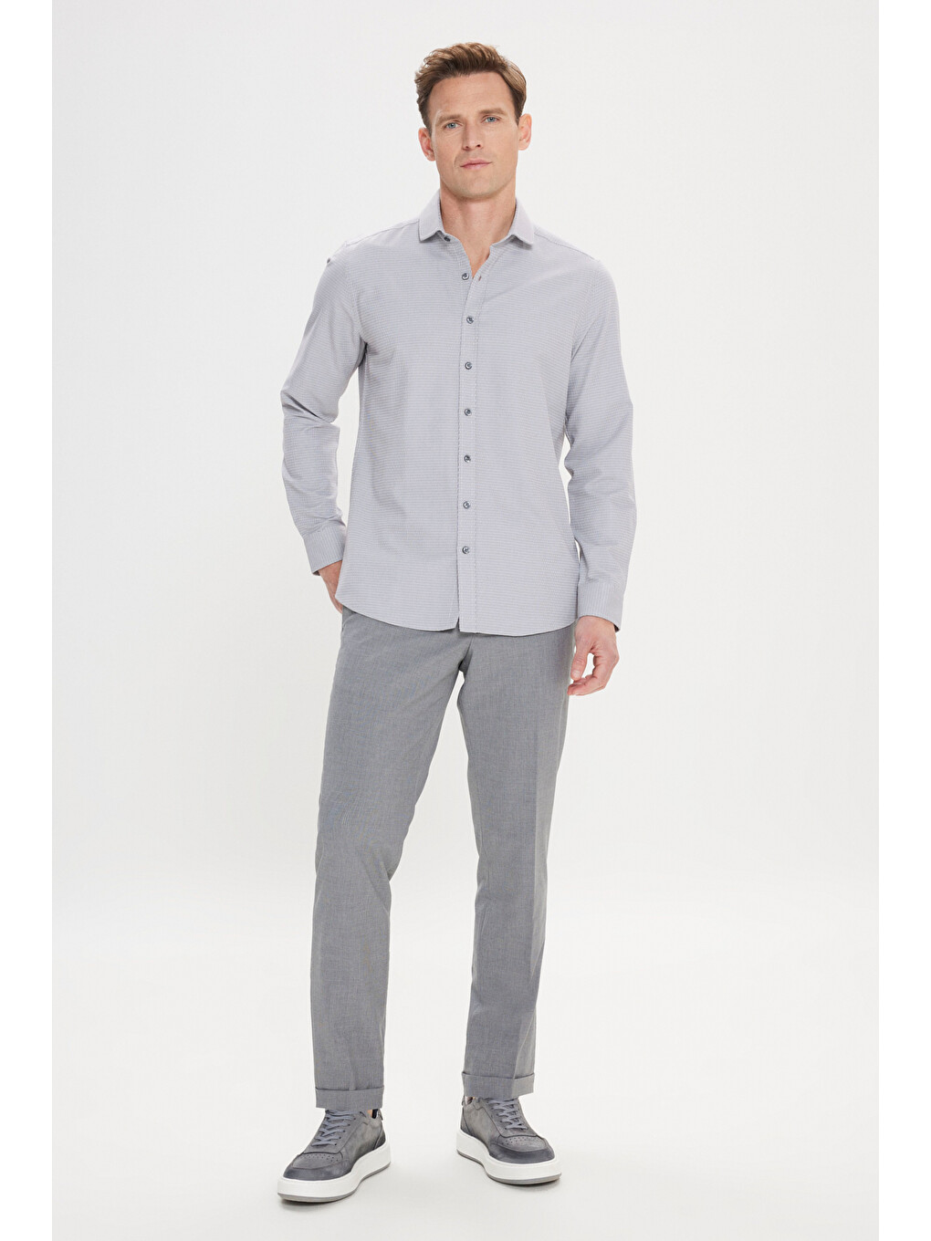 Erkek Gri Slim Fit Dar Kesim Klasik Yaka Pamuklu Armürlü Gömlek-1