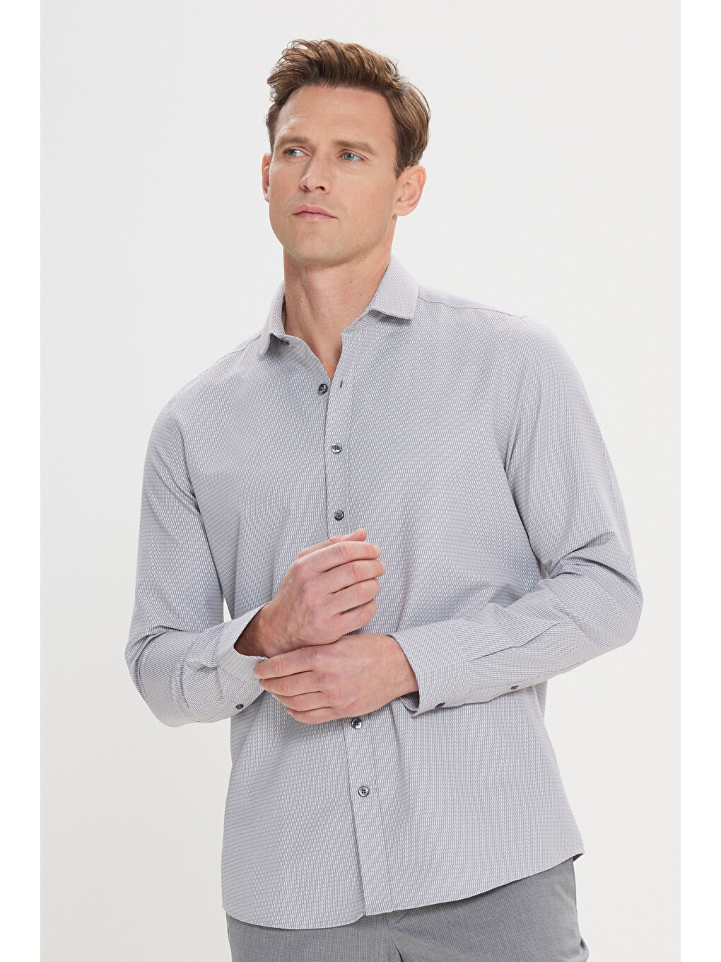 Erkek Gri Slim Fit Dar Kesim Klasik Yaka Pamuklu Armürlü Gömlek-2