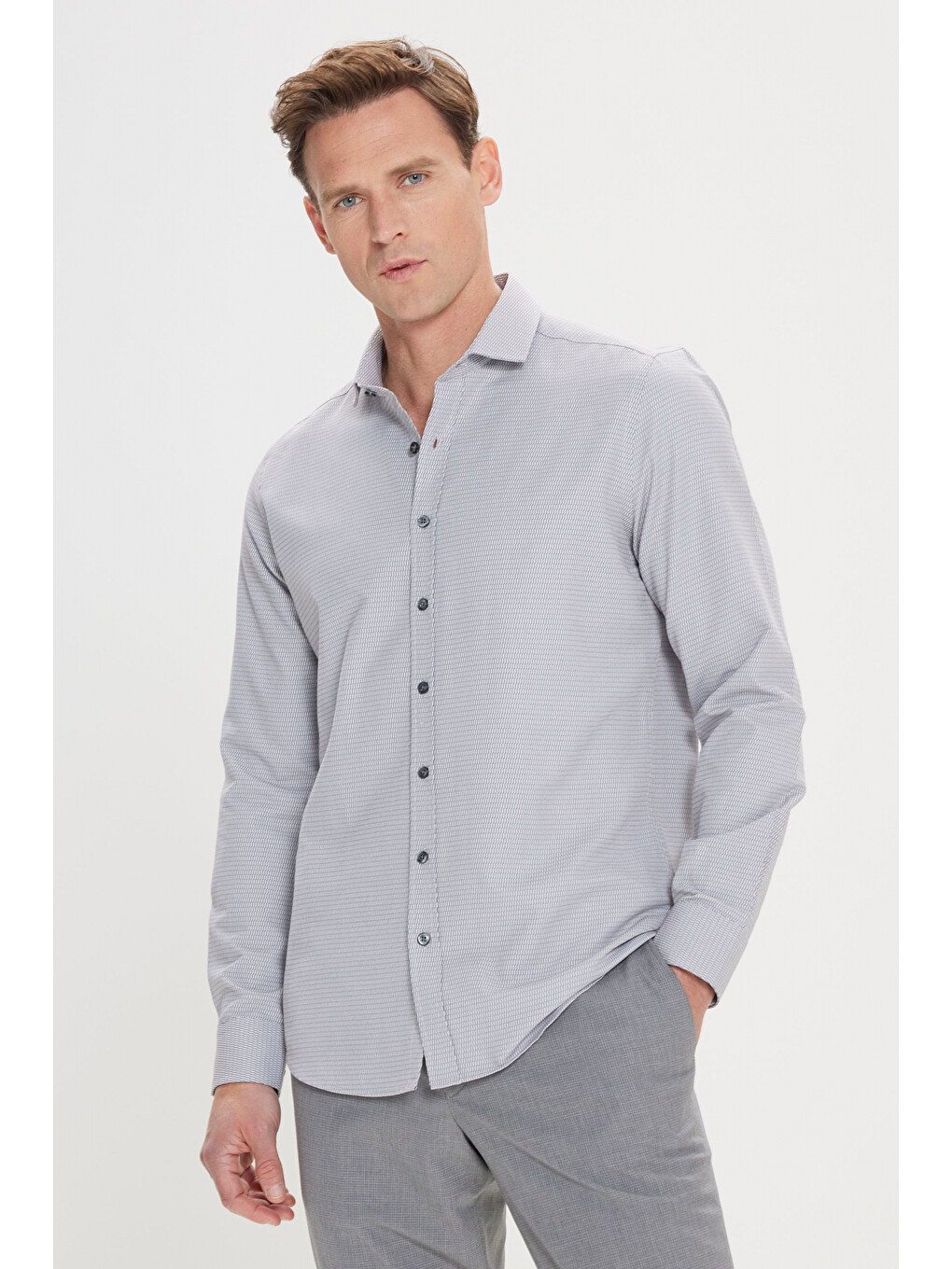 Erkek Gri Slim Fit Dar Kesim Klasik Yaka Pamuklu Armürlü Gömlek-3