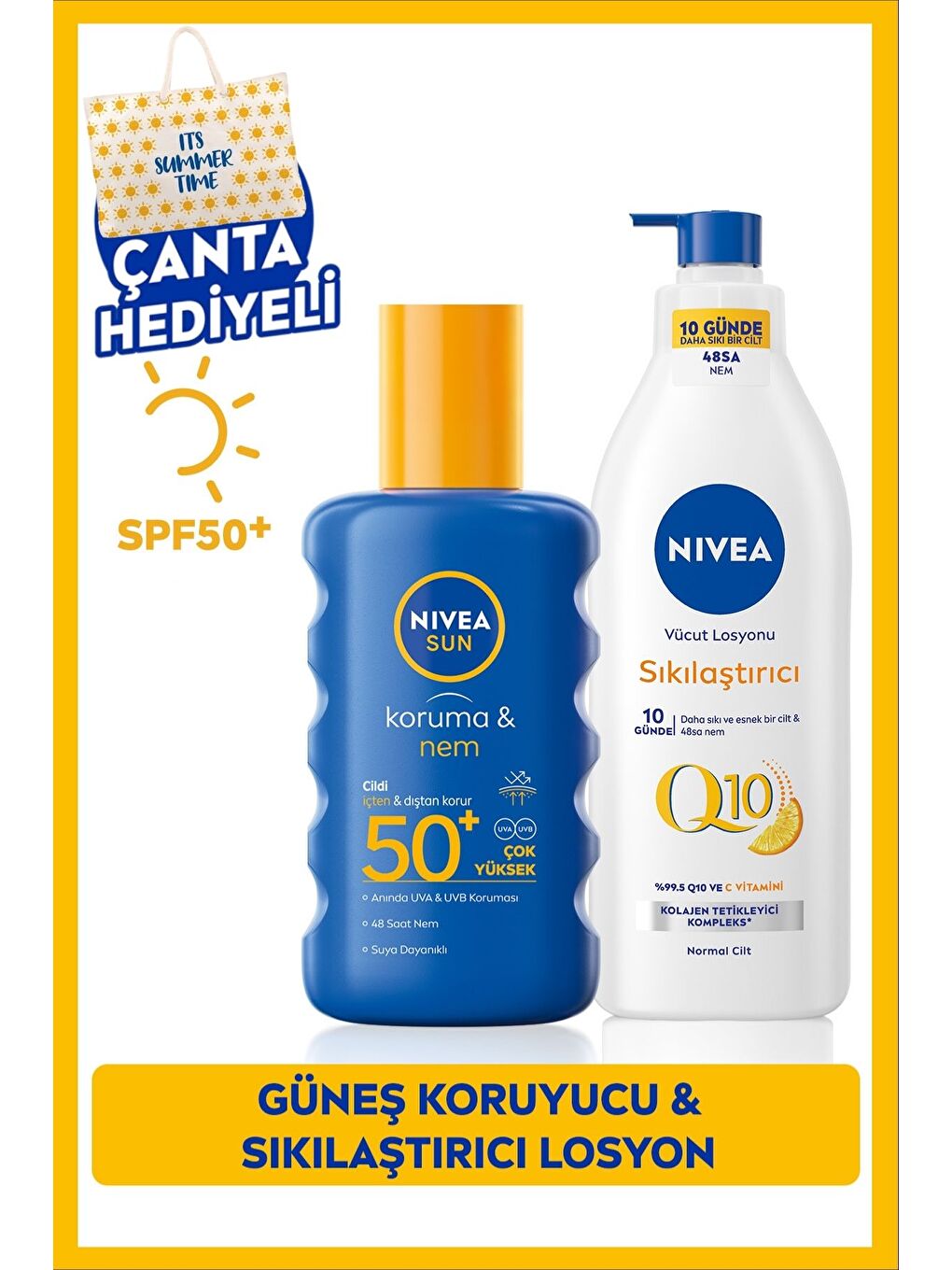 SUN Güneş Koruyucu Vücut Spreyi 200ml SPF50 ve Q10 Sıkılaştırıcı Vücut Losyonu 400ml, Çanta Hediye-2