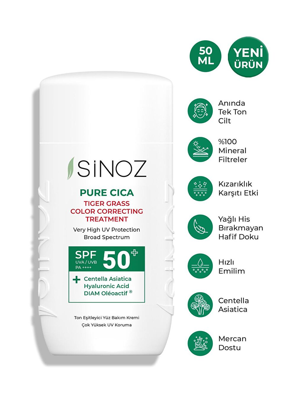 Sinoz Renksiz Spf50 Pure Cica Anında Ton Eşitleyici Yüz Bakım Kremi - Yeni Nesil Mineral Güneş Filtresi