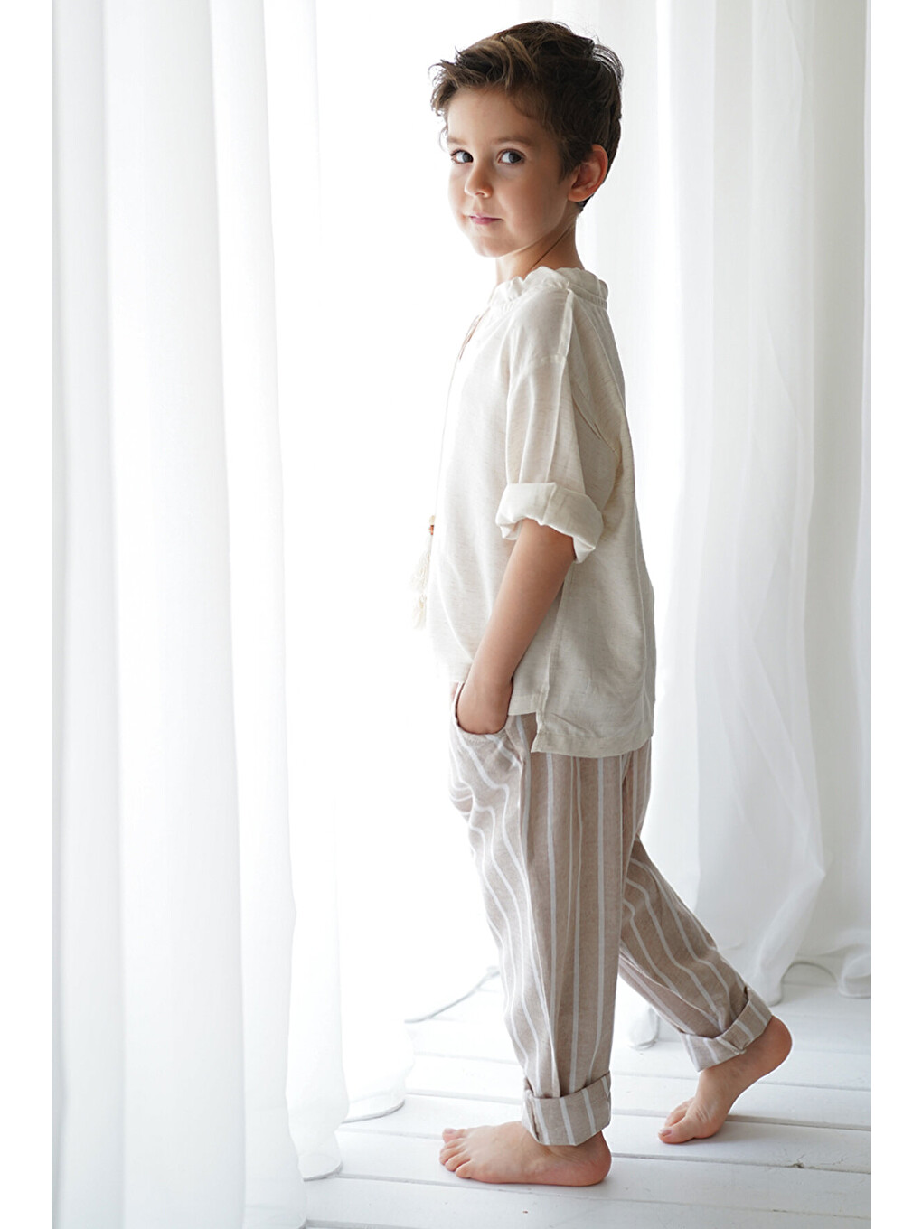 Linen Line Kahve Beyaz Çizgili Carrot Pantolon + Krem Keten İpli Gömlek-2