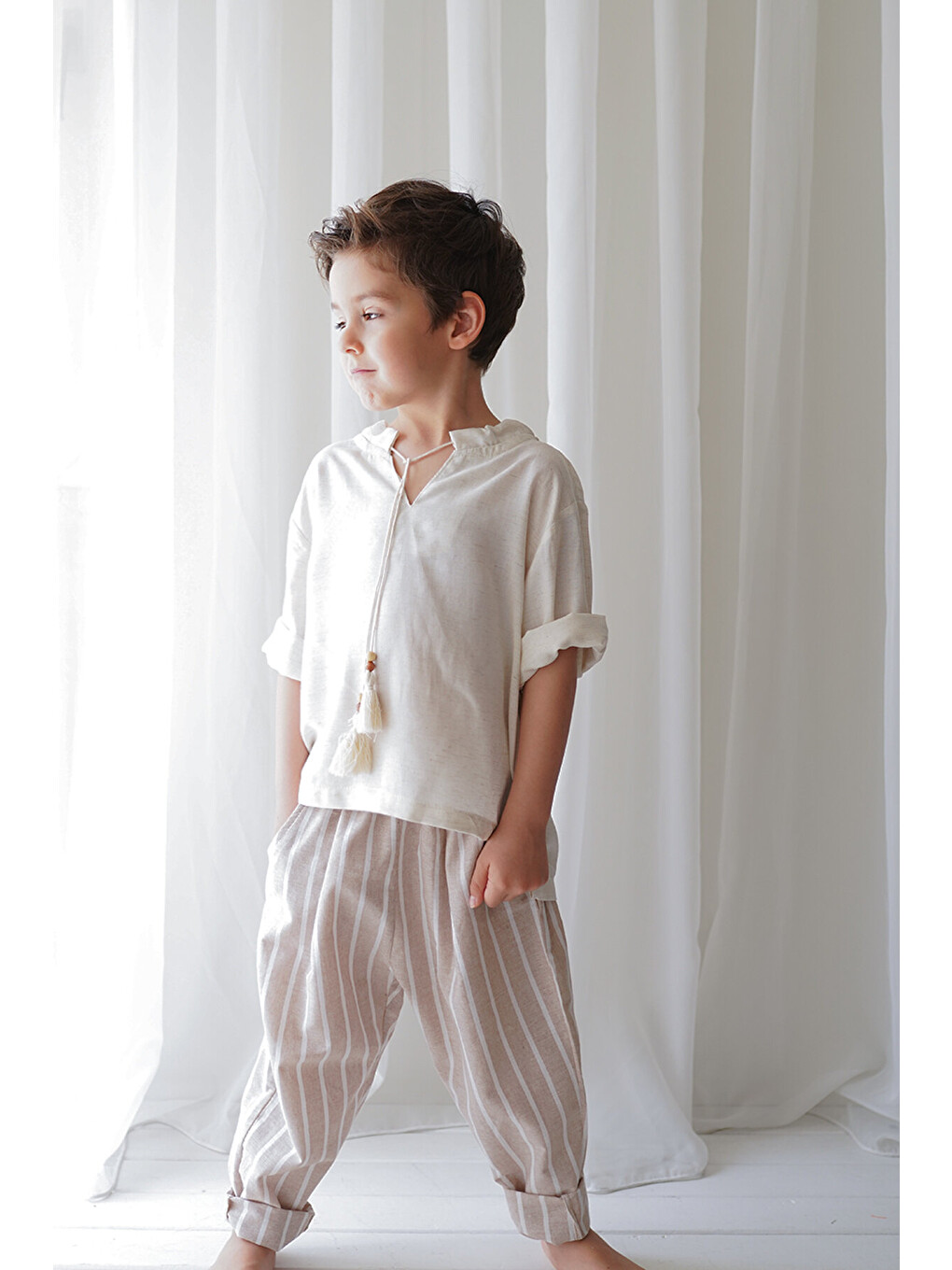 Linen Line Kahve Beyaz Çizgili Carrot Pantolon + Krem Keten İpli Gömlek-3