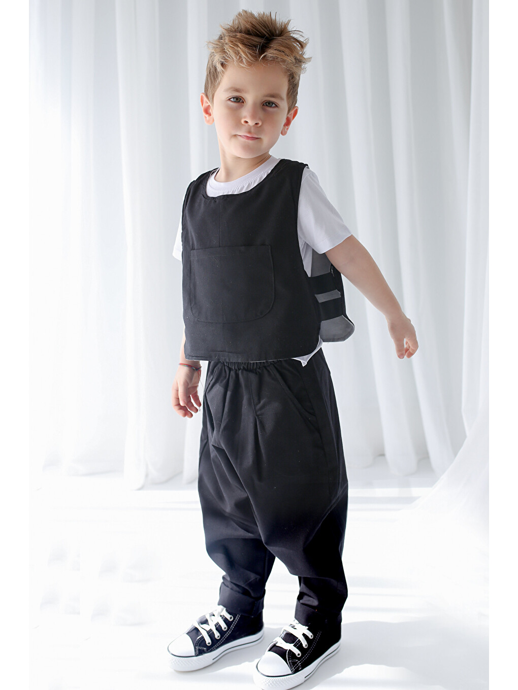 Siyah Keten Carrot Pantolon + Gri+Siyah Çift Taraflı Yelek