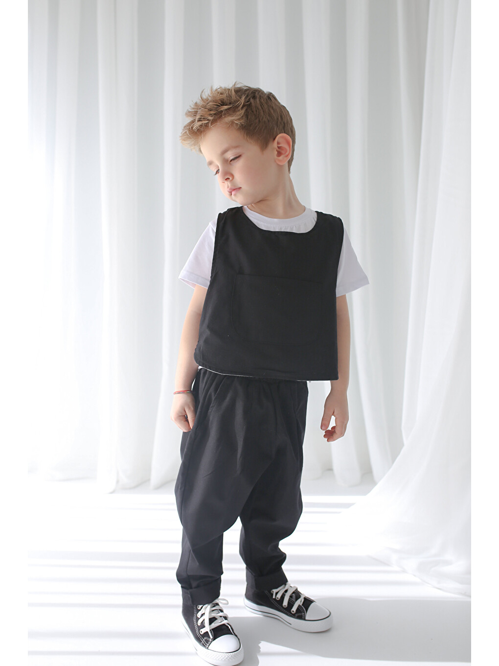 Siyah Keten Carrot Pantolon + Gri+Siyah Çift Taraflı Yelek-1