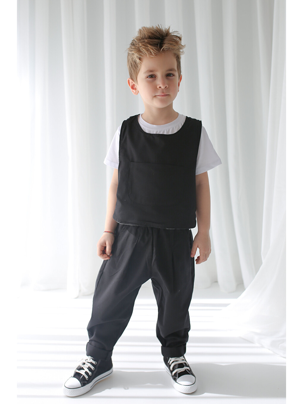 Siyah Keten Carrot Pantolon + Gri+Siyah Çift Taraflı Yelek-3
