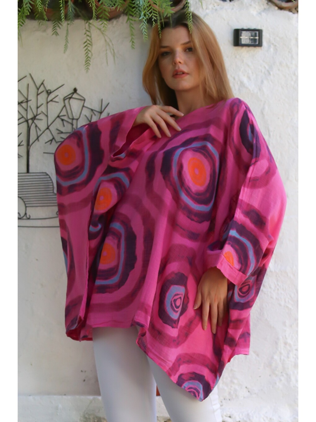 İtalyan Fuşya Havuz Yaka Yarasa Kol Geometrik Desenli Keten Oversize Dokuma Tunik 80 120