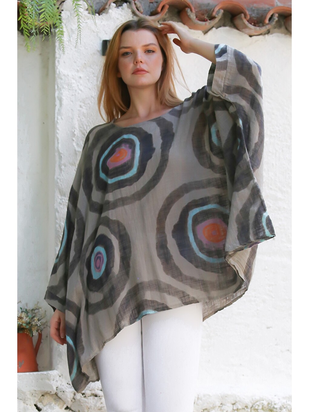 Bej İtalyan Vizon Havuz Yaka Yarasa Kol Geometrik Desenli Keten Oversize Dokuma Tunik 80 120