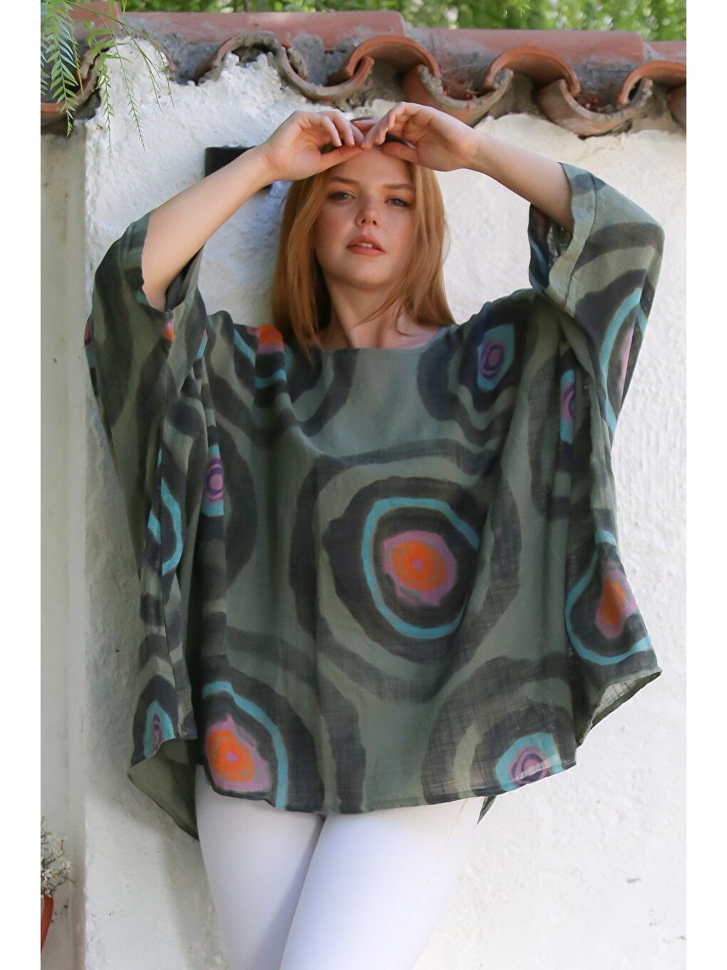 İtalyan Haki Havuz Yaka Yarasa Kol Geometrik Desenli Keten Oversize Dokuma Tunik 80 120