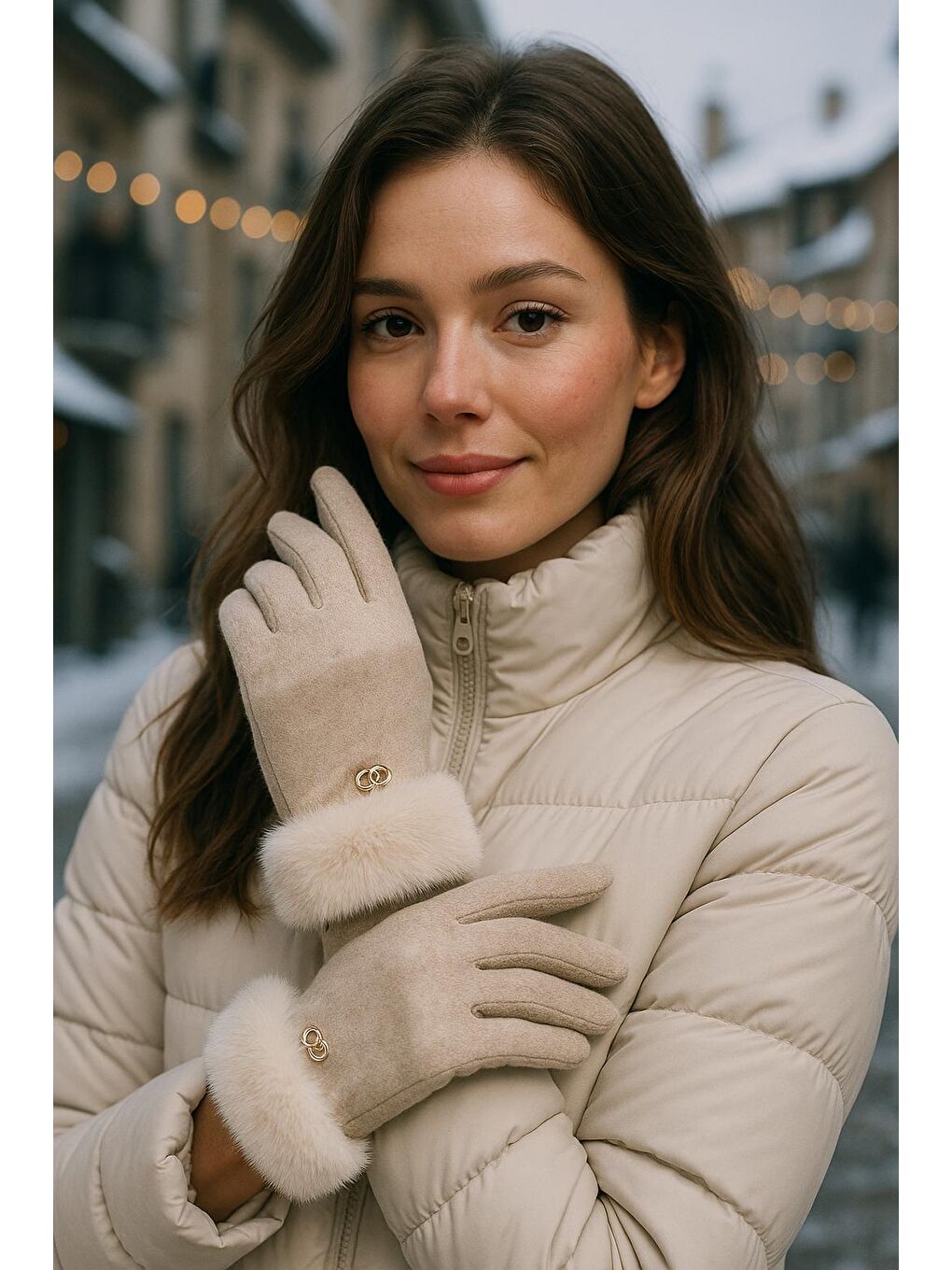 Kadın Bileği Kürklü Dokunmatik Bej Eldiven ELD29