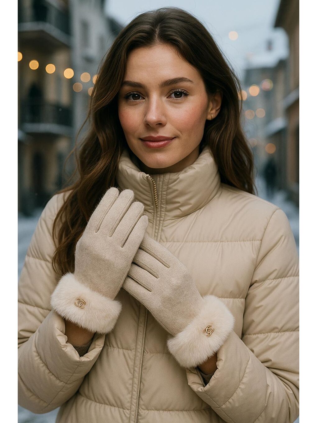 Kadın Bileği Kürklü Dokunmatik Bej Eldiven ELD29-1