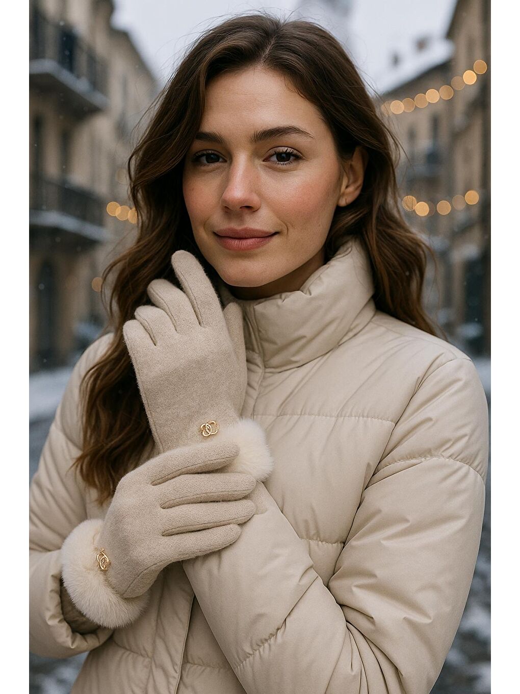 Kadın Bileği Kürklü Dokunmatik Bej Eldiven ELD29-2