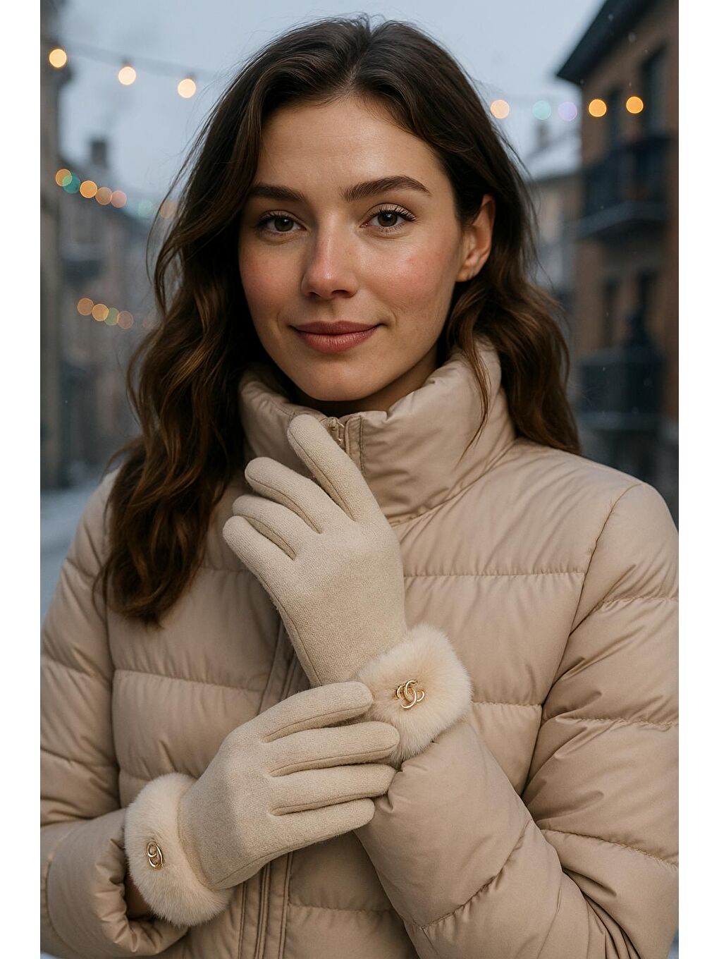 Kadın Bileği Kürklü Dokunmatik Bej Eldiven ELD29-3