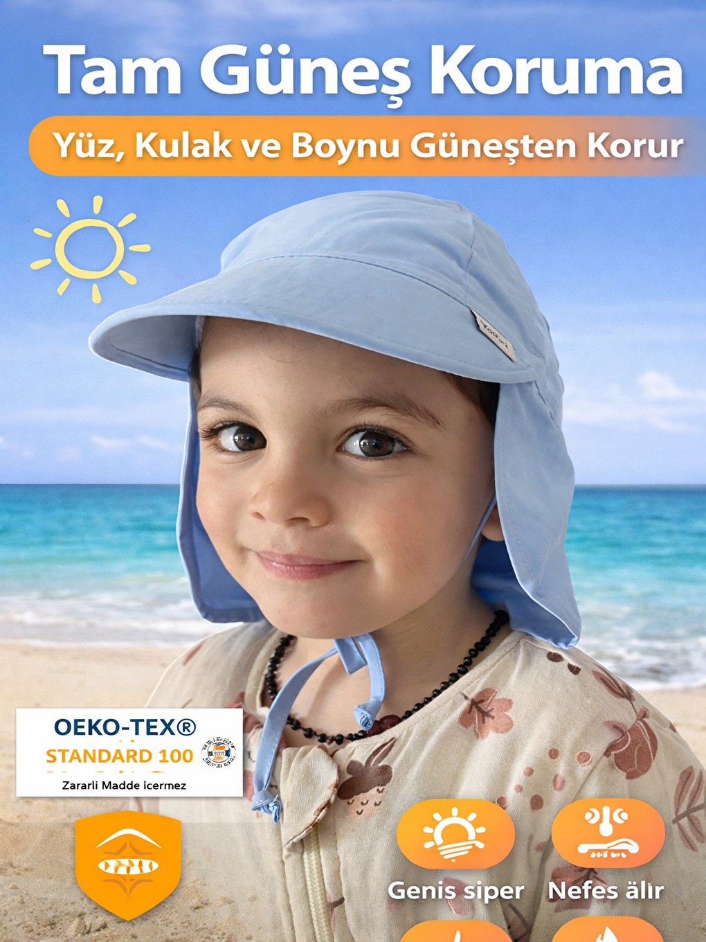 Mavi Flap, Ense Korumalı, Boyundan Bağlamalı, Arkadan Ayarlı, Çocuk Bebek Güneş Şapka-1