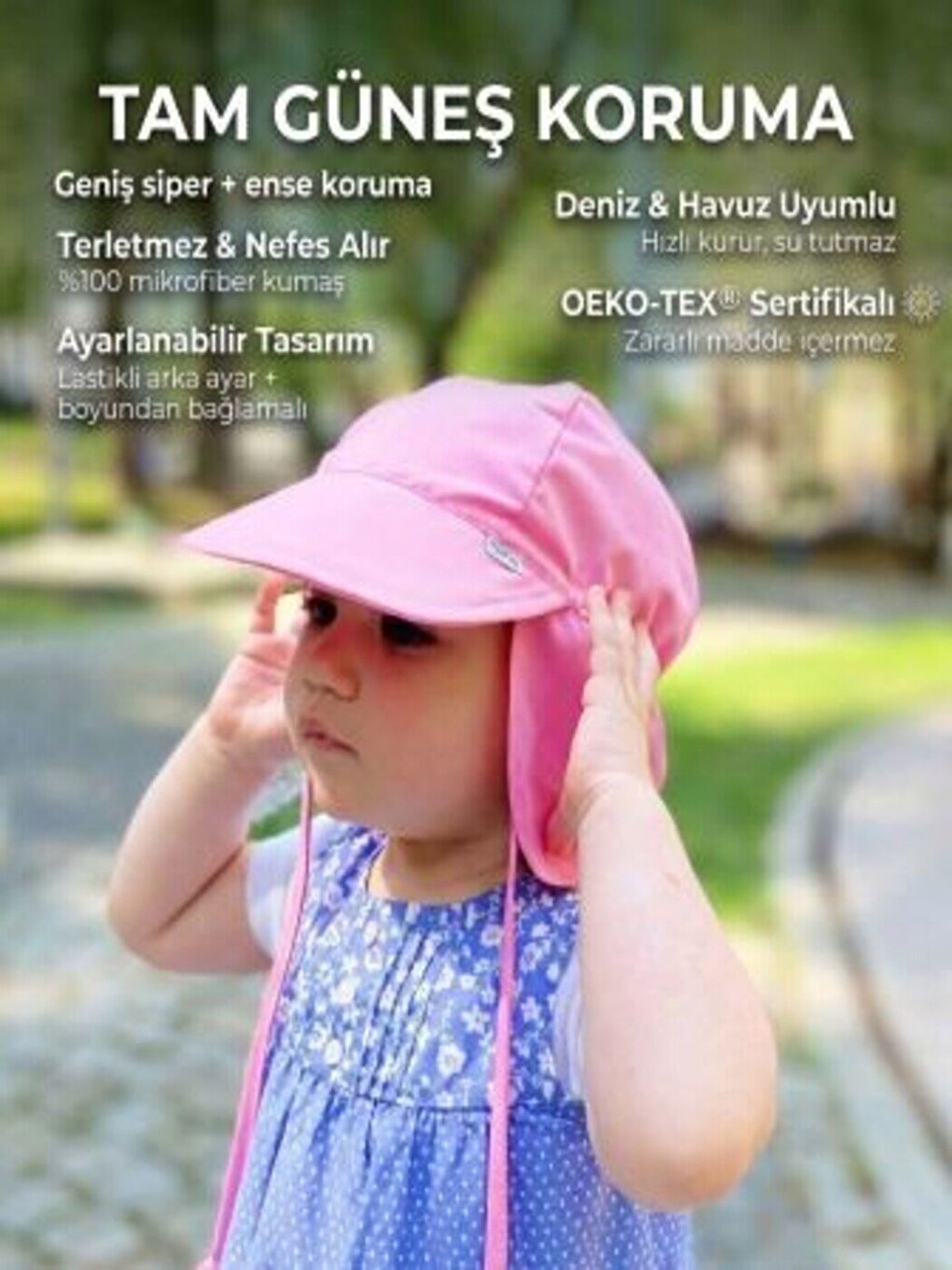 Pembe Flap, Ense Korumalı, Boyundan Bağlamalı, Arkadan Ayarlı, Çocuk Bebek Güneş Şapka
