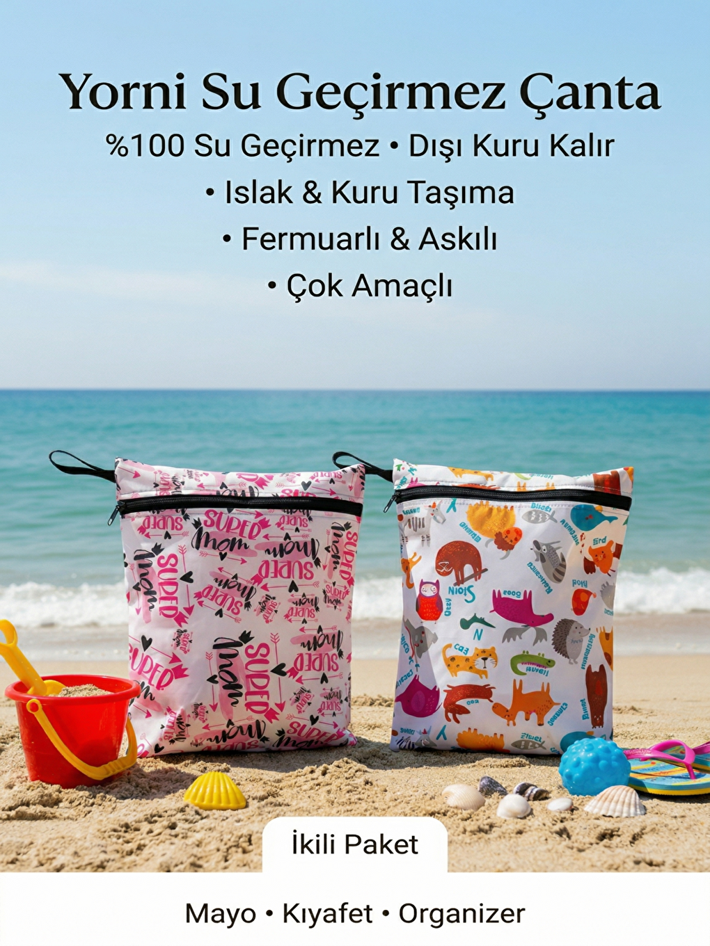 Karışık 2 Adet, 37x30 cm, Mom ve Zoo Desen, Sıvı Geçirmeyen Çok Amaçlı Çanta, Ekonomik Set, Yıkanabilir