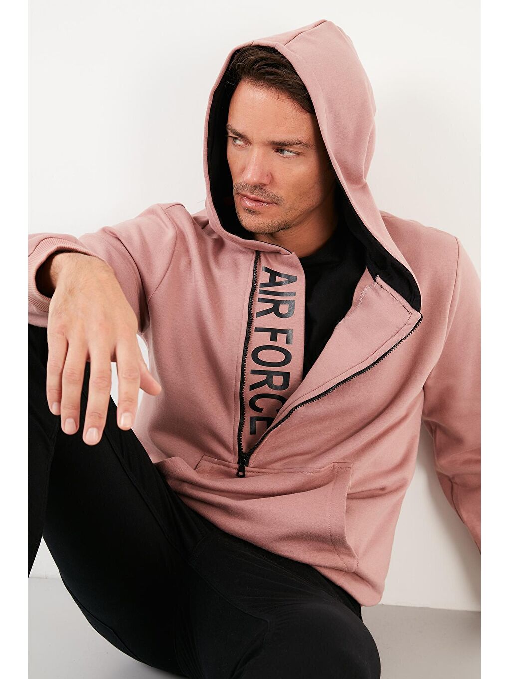 Pembe Kanguru Cepli Fermuarlı Kapüşon Yaka Slim Fit Kapüşonlu Sweatshirt 575707