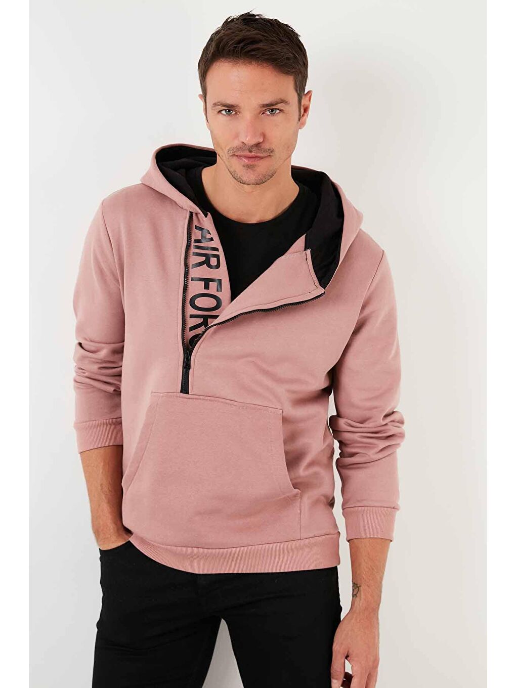Pembe Kanguru Cepli Fermuarlı Kapüşon Yaka Slim Fit Kapüşonlu Sweatshirt 575707-1