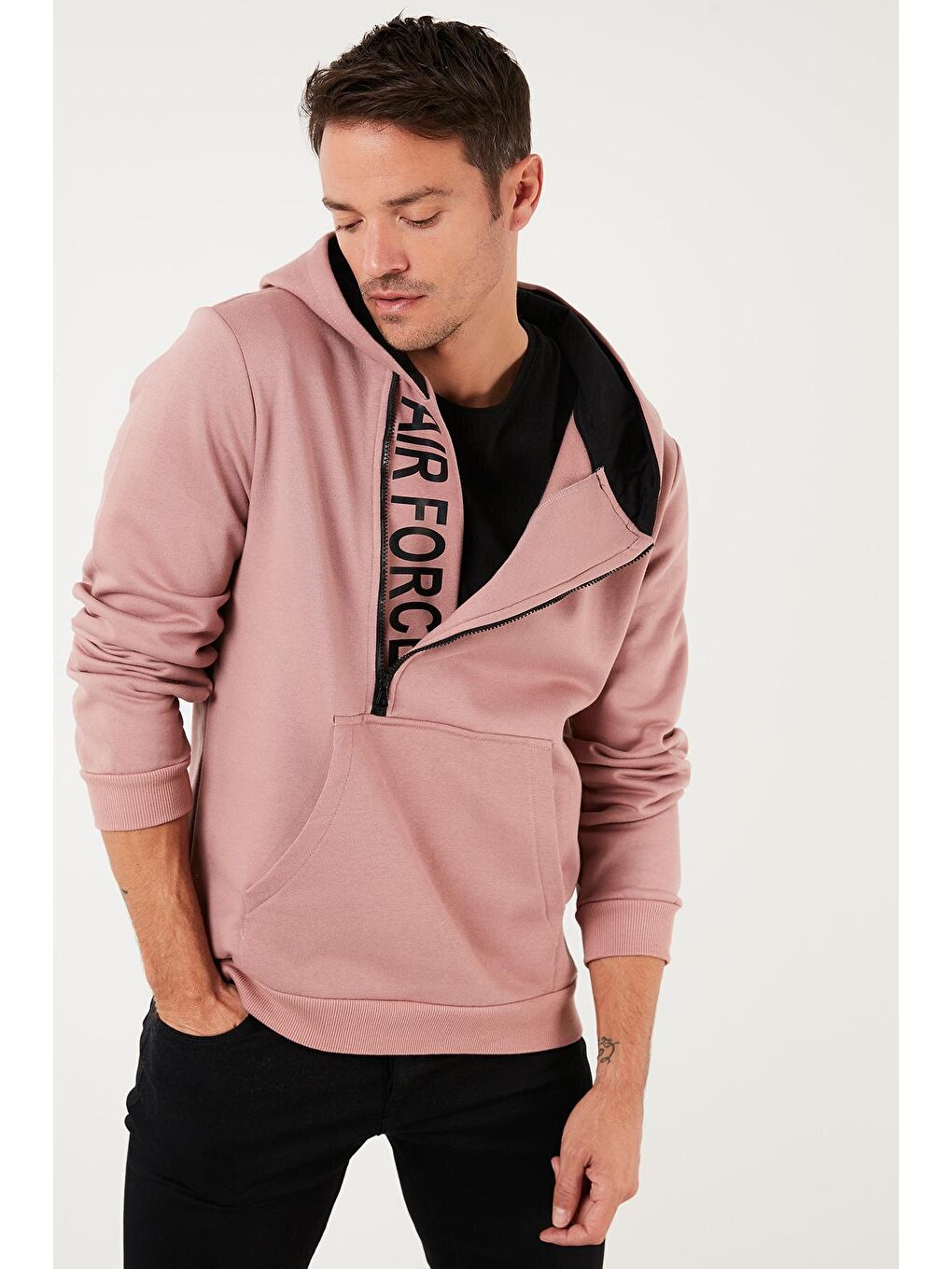 Pembe Kanguru Cepli Fermuarlı Kapüşon Yaka Slim Fit Kapüşonlu Sweatshirt 575707-2
