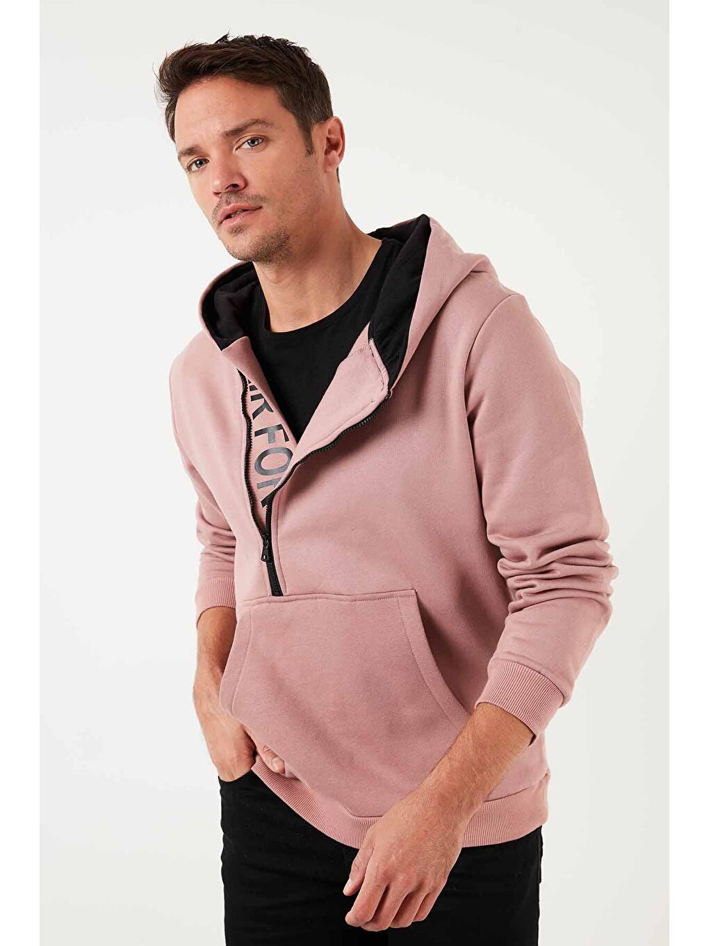 Pembe Kanguru Cepli Fermuarlı Kapüşon Yaka Slim Fit Kapüşonlu Sweatshirt 575707-4