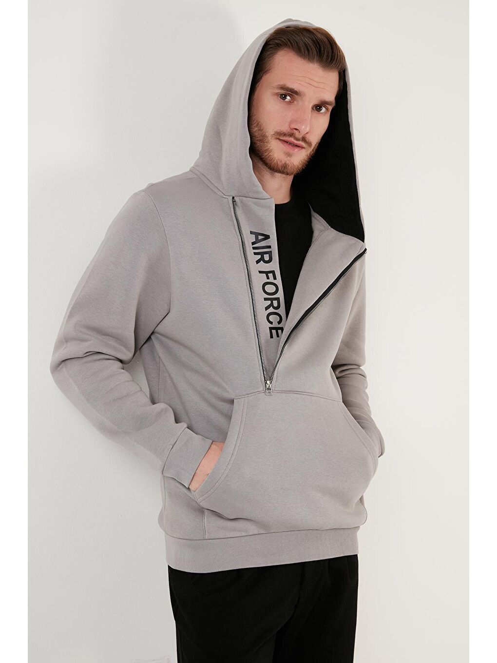 Buratti Gri Kanguru Cepli Fermuarlı Kapüşon Yaka Slim Fit Erkek Sweatshirt 575707 - 4