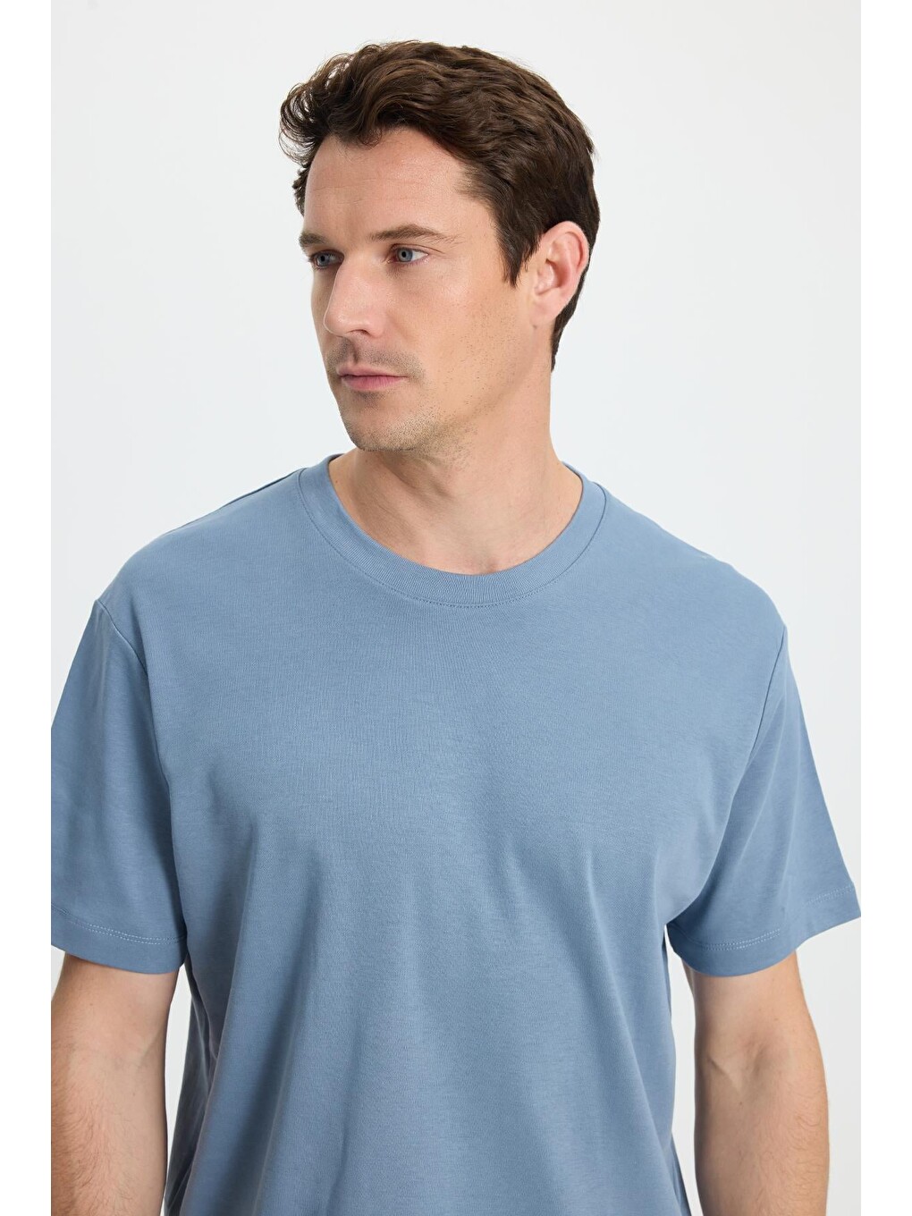 Unisex Relax Fit Rahat Kesim %100 Pamuk Yumuşak Dokulu Basic Bisiklet Yaka Mavi Tişört