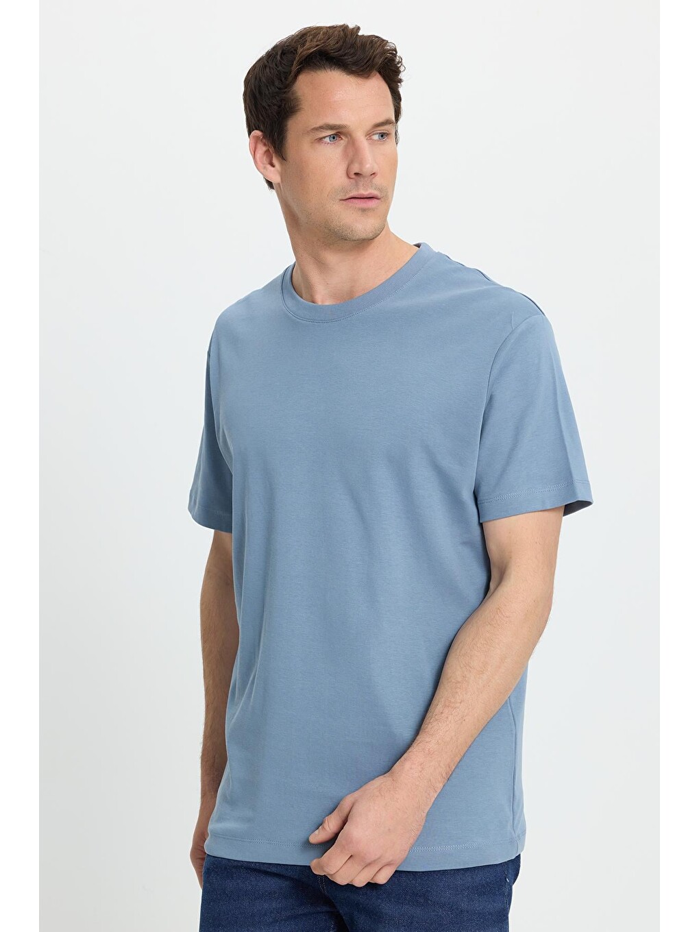 Unisex Relax Fit Rahat Kesim %100 Pamuk Yumuşak Dokulu Basic Bisiklet Yaka Mavi Tişört-1