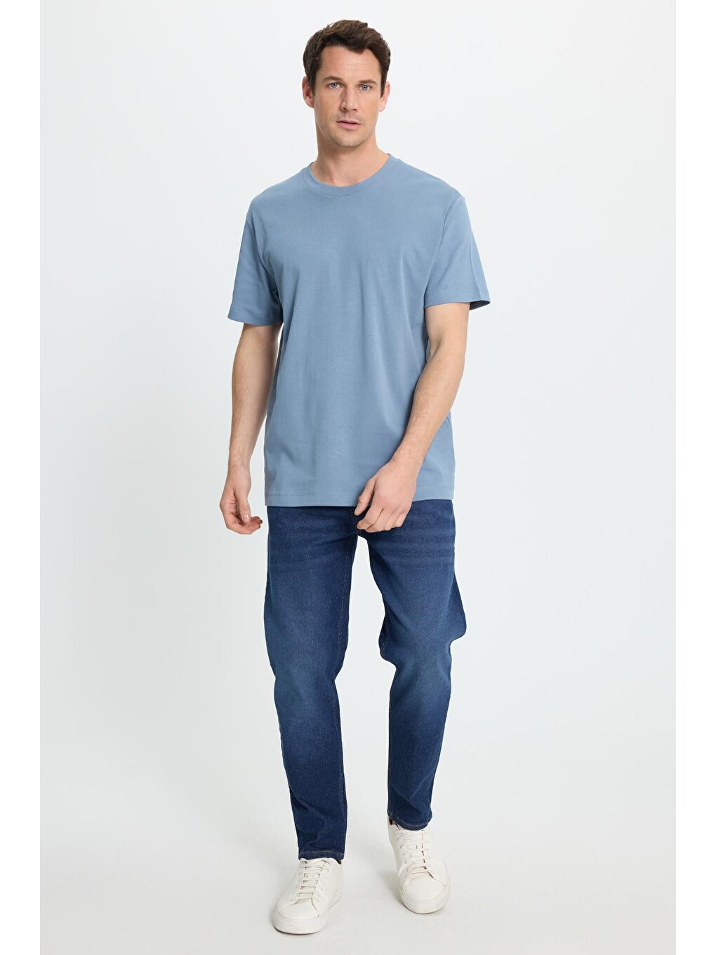 Unisex Relax Fit Rahat Kesim %100 Pamuk Yumuşak Dokulu Basic Bisiklet Yaka Mavi Tişört-5