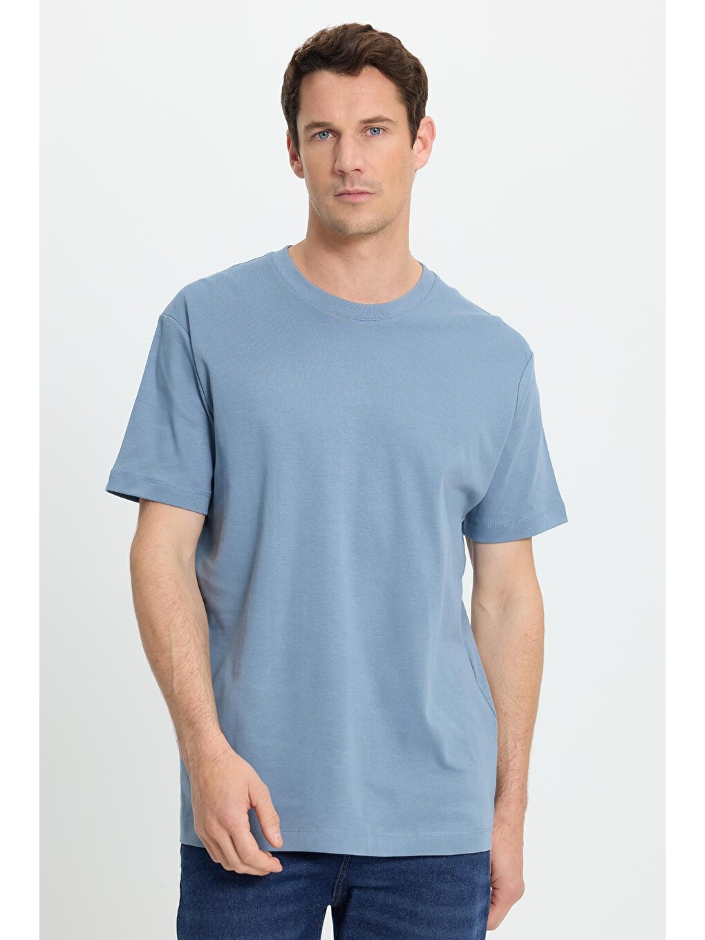 Unisex Relax Fit Rahat Kesim %100 Pamuk Yumuşak Dokulu Basic Bisiklet Yaka Mavi Tişört-6