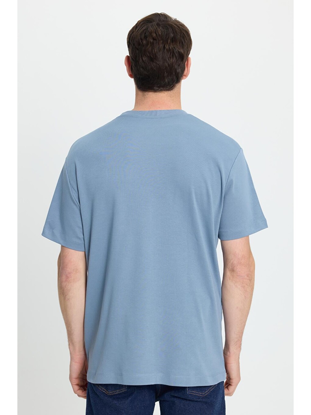Unisex Relax Fit Rahat Kesim %100 Pamuk Yumuşak Dokulu Basic Bisiklet Yaka Mavi Tişört-8