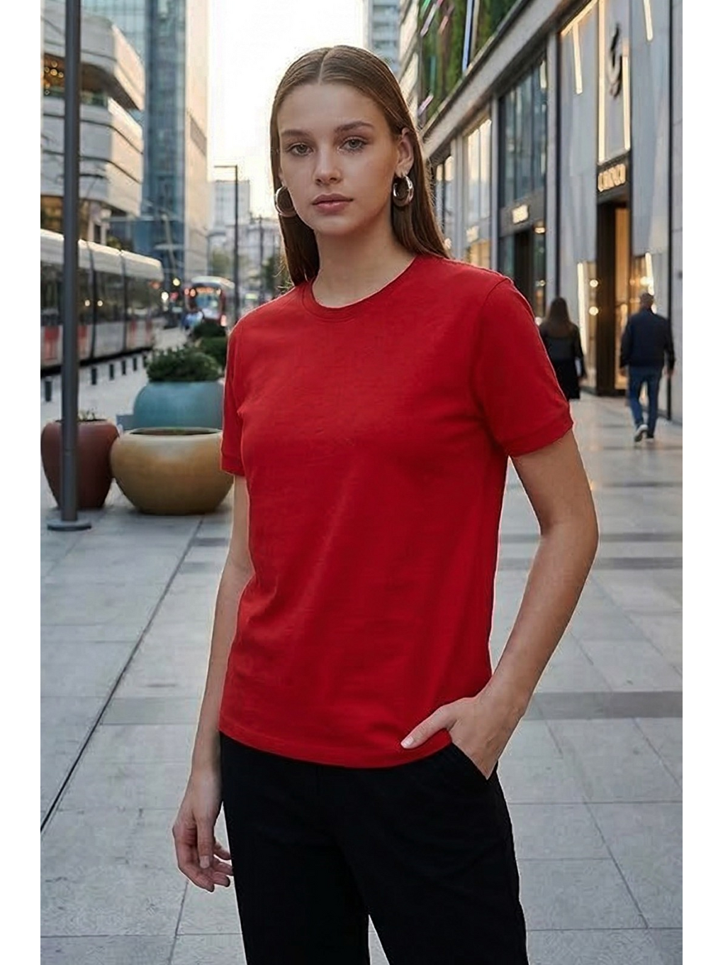 Unisex Slim Fit Dar Kesim %100 Pamuk Yumuşak Dokulu Kırmızı Bisiklet Yaka Tişört-1