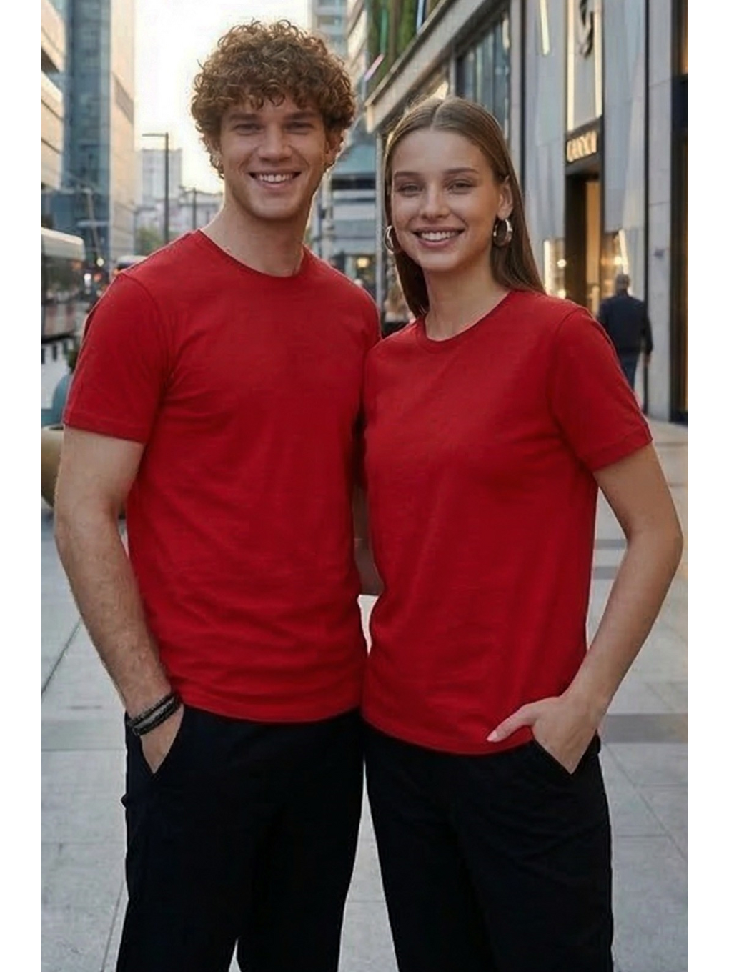 Unisex Slim Fit Dar Kesim %100 Pamuk Yumuşak Dokulu Kırmızı Bisiklet Yaka Tişört-2