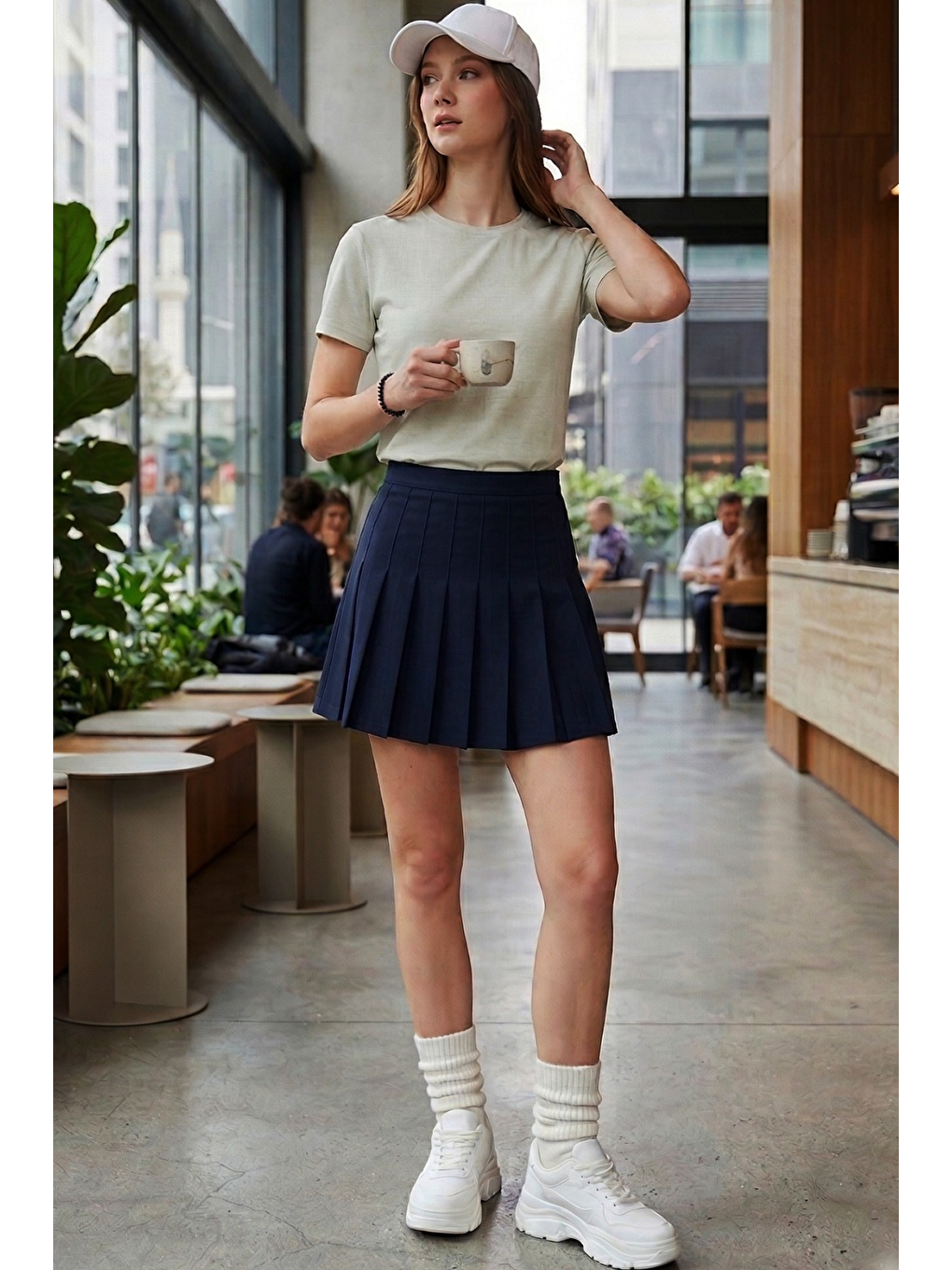 Bej Erkek Slim Fit Taş Bisiklet Yaka %100 Pamuk Dar Kesim Basic Tişört-1