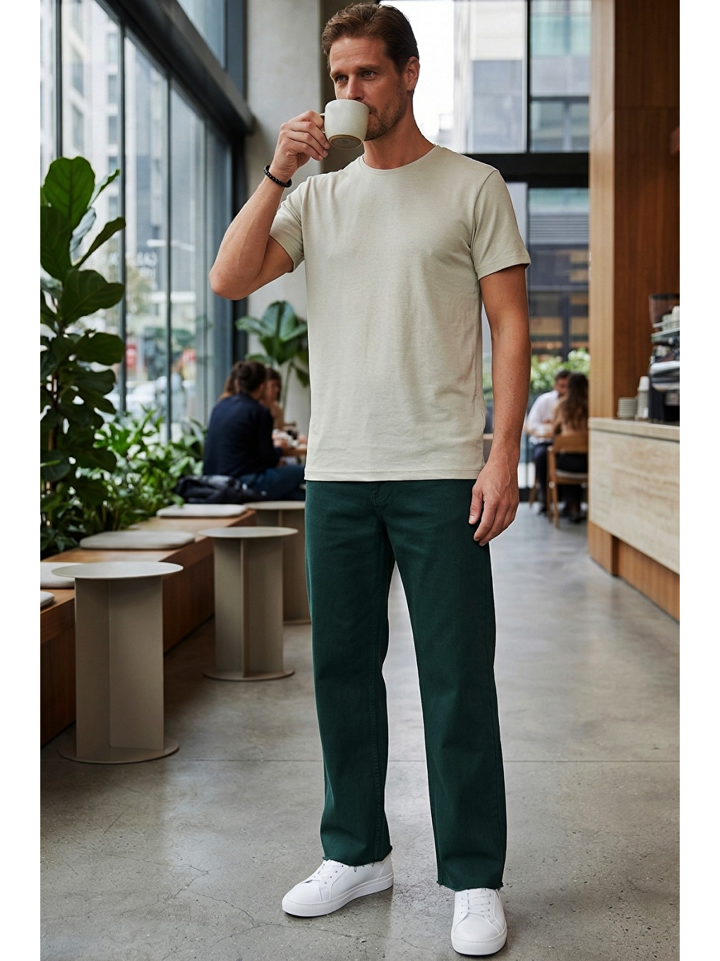 Bej Erkek Slim Fit Taş Bisiklet Yaka %100 Pamuk Dar Kesim Basic Tişört-2