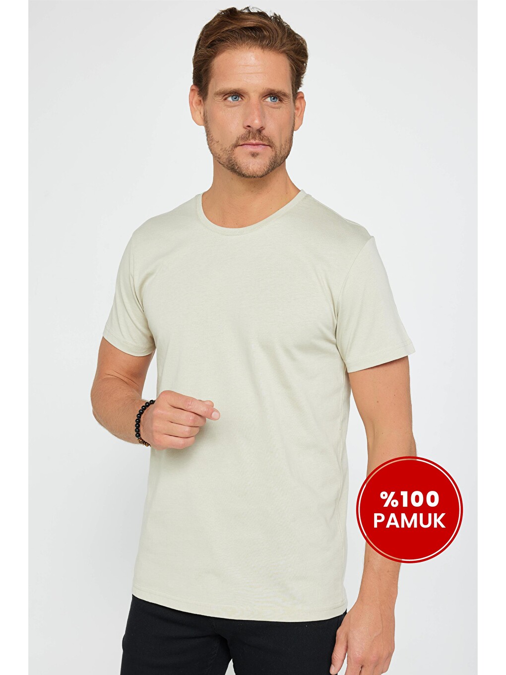 Bej Erkek Slim Fit Taş Bisiklet Yaka %100 Pamuk Dar Kesim Basic Tişört-3