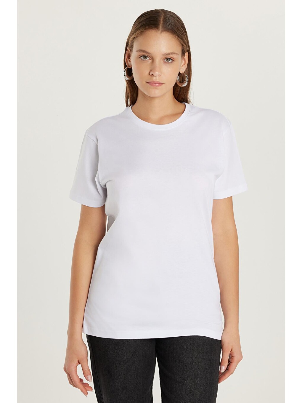 Unisex Slim Fit Dar Kesim %100 Pamuk Yumuşak Dokulu Beyaz Bisiklet Yaka Büyük Beden Tişört-3
