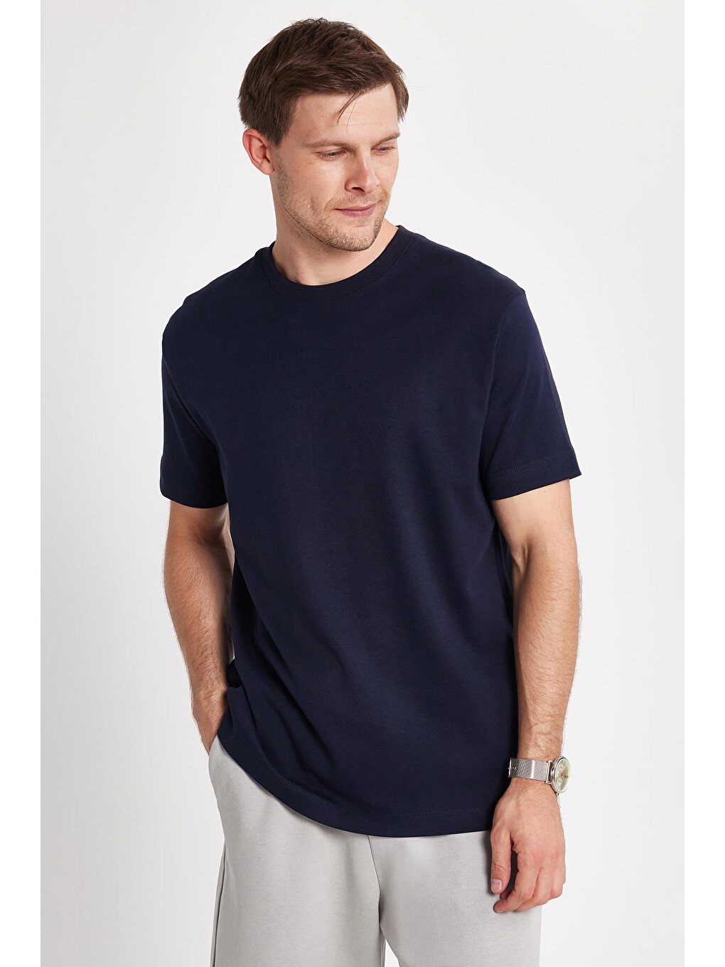 Unisex Relax Fit Rahat Kesim %100 Pamuk Yumuşak Dokulu Basic Bisiklet Yaka Lacivert Tişört