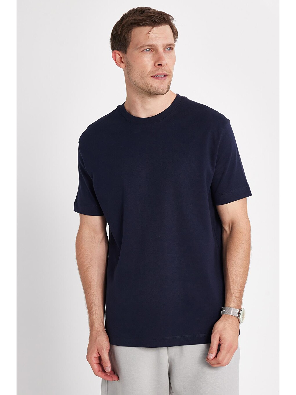 Unisex Relax Fit Rahat Kesim %100 Pamuk Yumuşak Dokulu Basic Bisiklet Yaka Lacivert Tişört-6