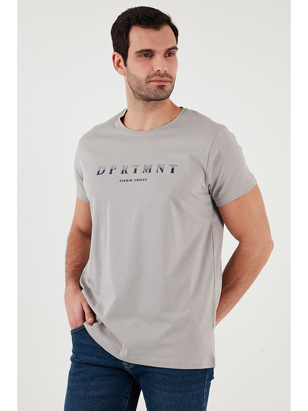 Gri Baskılı Bisiklet Yaka Pamuklu Slim Fit Erkek %100 Pamuk Tişört 541DPRTMNT24-5