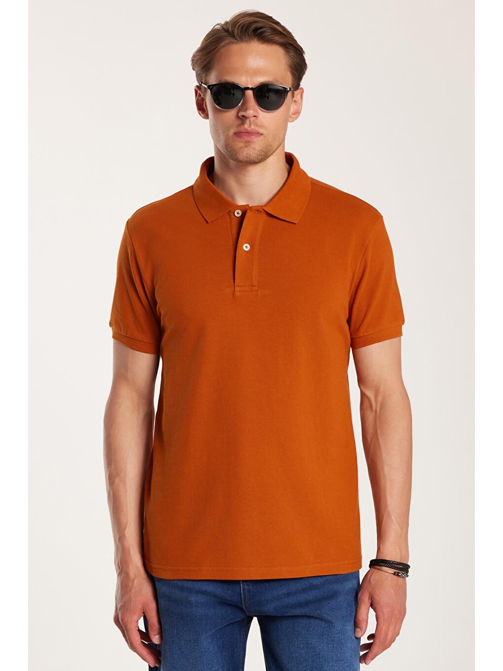 Kahverengi Erkek Slim Fit Dar Kesim %100 Pamuk Kiremit Polo Yaka Tişört
